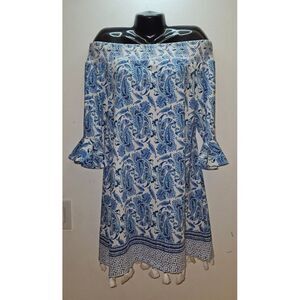 NWT Large CABANA LIFE Charleston Off Shoulder Dress Blue Paisley White Tassel‎